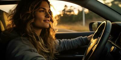 foto van positief vrolijk meisje genieten van auto het rijden. generatief ai