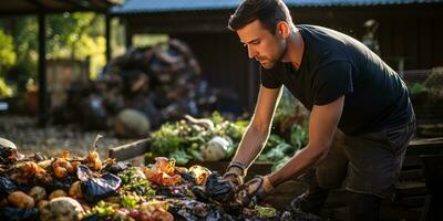 een Mens compost voedsel verspilling in zijn tuin. ecologisch gebruik van voedsel. generatief ai foto