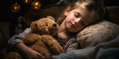 een klein kind knuffels een teddy beer in een droom. generatief ai foto