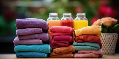 gekleurde handdoeken en kleding stof verzachter, wasserij wasmiddelen. generatief ai foto