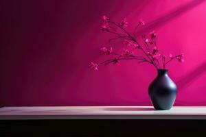 een prachtig geregeld boeket van roze bloemen in een zwart vaas Aan een tafel foto