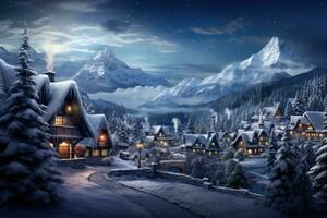 een charmant winter landschap met een pittoreske dorp genesteld temidden van met sneeuw bedekt bergen foto