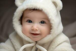 een schattig baby gekleed net zo een pluizig wit beer foto