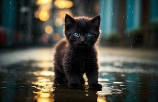 ai generatief aanbiddelijk baby zwart kat staand Aan de straat onder zwaar regen behang, dier achtergrond, banier met kopiëren ruimte tekst foto