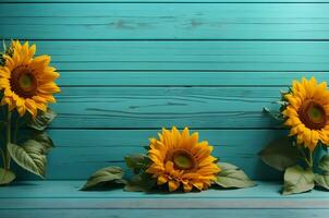 ai generatief zonnebloemen Aan taling rustiek hout achtergrond, esthetisch bloem banier met kopiëren ruimte tekst foto