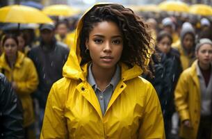 ai generatief portret van mooi jong zwart vrouw in geel regen jasje geïsoleerd tussen menigte van mensen foto