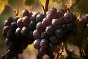 detailopname van bundel van Purper druiven in een wijngaard. ai gegenereerd foto