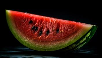 realistisch illustratie van watermeloen plakjes Aan zwart achtergrond. ai gegenereerd foto