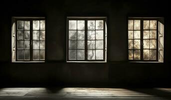 venster detail in oud verlaten huis. ai gegenereerd foto