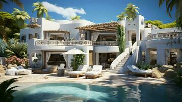 groot wit vakantie villa, ontspannende vakantie huis omringd door palm bomen in een tropisch warm land toevlucht foto