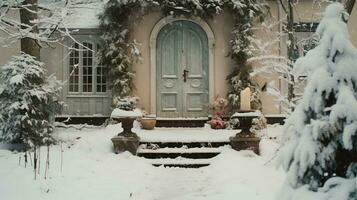 generatief ai, huis voorkant in de winter met Kerstmis decoratie, krans en guirlande. sneeuw knus seizoen foto