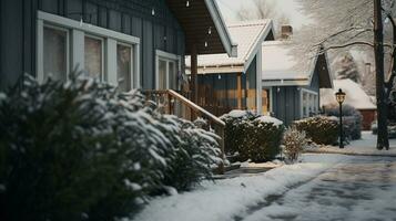 generatief ai, huis voorkant in de winter met Kerstmis decoratie, krans en guirlande. sneeuw knus seizoen foto