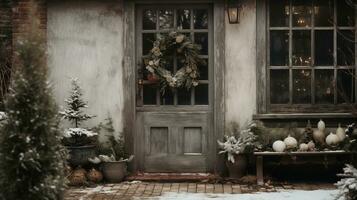 generatief ai, huis voorkant in de winter met Kerstmis decoratie, krans en guirlande. sneeuw knus seizoen foto