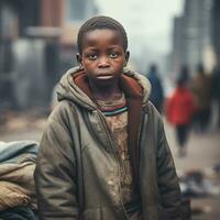 arm Afrikaanse jongen in de stad gedurende. ai generatief foto