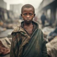arm Afrikaanse jongen in de stad gedurende. ai generatief foto