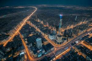 antenne visie van een stadsgezicht Bij nacht achtergrond. ai generatief pro foto