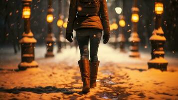 terug visie vrouw wandelen in besneeuwd winter nacht ai gegenereerd foto