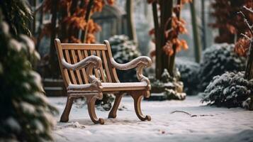 houten stoel in de winter tuin ai gegenereerd foto