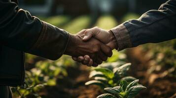 dichtbij omhoog boer schudden hand- samen ai gegenereerd foto