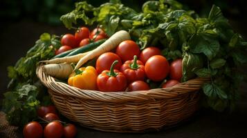 rieten mand met vers biologisch groenten ai gegenereerd foto