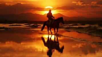 een Mens ritten een paard in zonsondergang ai gegenereerd foto