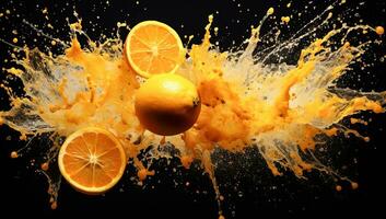 vallend sinaasappels en sap oranje plons, gezond voedsel concept. ai generatief foto
