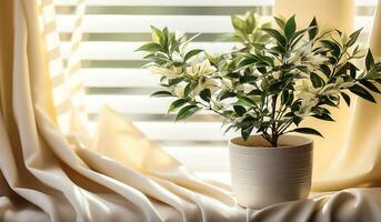 minimalistische decor in een leven kamer, De volgende naar een venster dat laten we in zonlicht. ai generatief foto