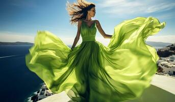 vrouw met mooi lang zijde jurk fladderend in de wind. ai gegenereerd foto