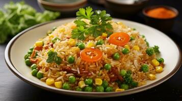 gebakken rijst- met erwten en wortel ai gegenereerd foto