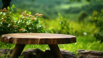 houten tafel in natuur ai gegenereerd foto