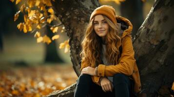 gelukkig jong zittend in de buurt een boom in herfst Woud ai gegenereerd foto