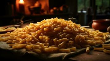 Italiaans pasta Aan houten tafel ai gegenereerd foto