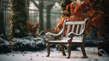 houten stoel in de winter tuin ai gegenereerd foto