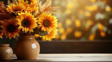 herfst zonnebloem arrangement Aan een hout achtergrond door generatief ai foto