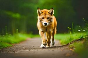 een rood wolf wandelen naar beneden een pad in de Woud. ai-gegenereerd foto