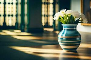 een vaas met wit bloemen zittend Aan een tafel. ai-gegenereerd foto
