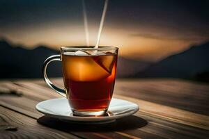 een glas van thee Aan een houten tafel. ai-gegenereerd foto