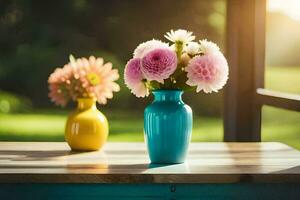 twee vazen van bloemen Aan een tafel. ai-gegenereerd foto