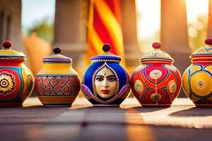 kleurrijk keramisch potten met gezichten Aan hen. ai-gegenereerd foto