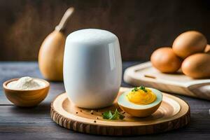 eieren en melk Aan een houten tafel. ai-gegenereerd foto
