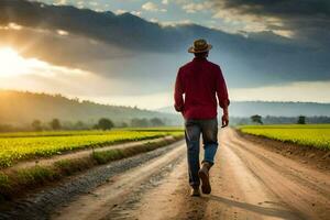 een Mens wandelen naar beneden een aarde weg in de midden- van een veld. ai-gegenereerd foto