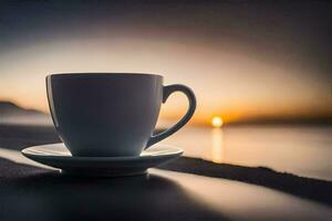 koffie kop Aan de strand Bij zonsondergang. ai-gegenereerd foto