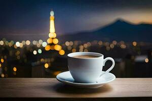 een kop van koffie Aan een houten tafel in voorkant van de eiffel toren. ai-gegenereerd foto