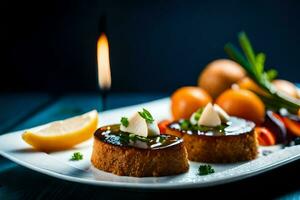 twee desserts Aan een wit bord met een kaars. ai-gegenereerd foto