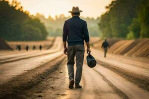 een Mens wandelen naar beneden een aarde weg met een hoed Aan. ai-gegenereerd foto