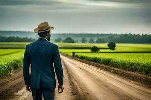 een Mens in een pak en hoed wandelen naar beneden een aarde weg. ai-gegenereerd foto