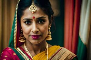 een vrouw in een sari met goud sieraden. ai-gegenereerd foto
