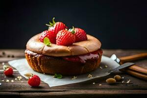 een taart met aardbeien en noten Aan top. ai-gegenereerd foto