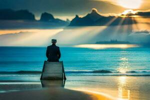 een Mens zittend Aan een bank met uitzicht de oceaan Bij zonsondergang. ai-gegenereerd foto