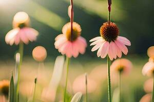 roze bloemen in een veld- met zonlicht schijnend door. ai-gegenereerd foto